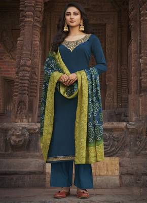 Teal embroidered chiffon salwar 1