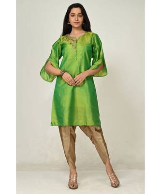 hand embroidery green raw silk  Kurti    Dhoti Pant 1