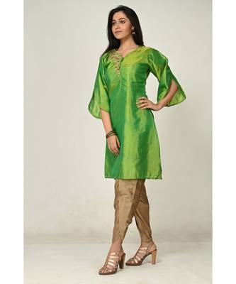 hand embroidery green raw silk  Kurti    Dhoti Pant 2