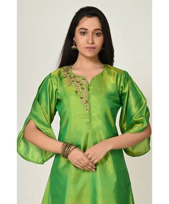 hand embroidery green raw silk  Kurti    Dhoti Pant 5