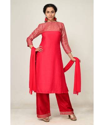 lace red pure silk cotton  Kurti    Palazzo Pant    Dupatta 1