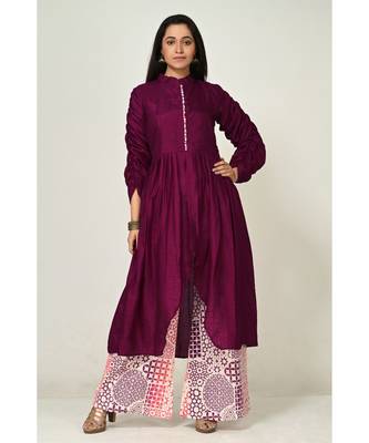 embroidered purple pure silk cotton  Kurti    Palazzo Pant 1