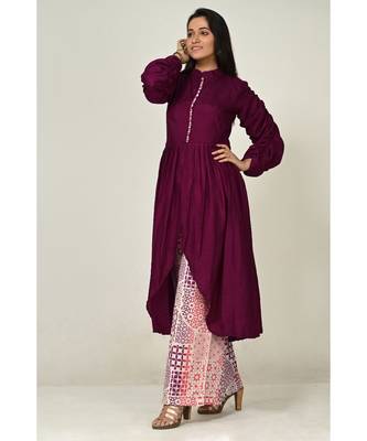 embroidered purple pure silk cotton  Kurti    Palazzo Pant 2