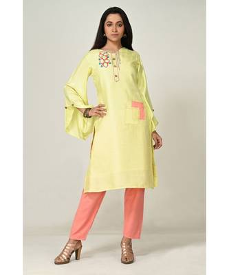 embroidered light-yellow pure silk cotton  Kurti    Pant 1