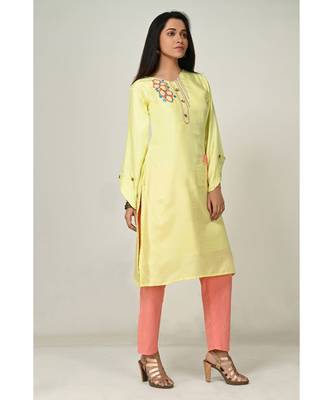 embroidered light-yellow pure silk cotton  Kurti    Pant 2