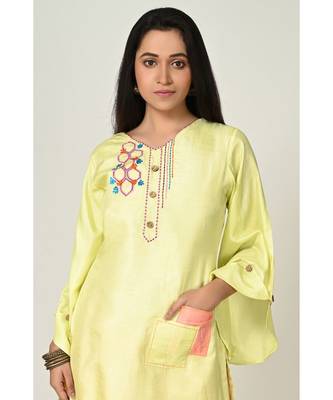 embroidered light-yellow pure silk cotton  Kurti    Pant 5