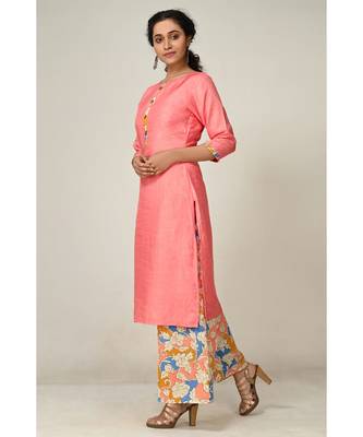 printed baby-pink pure silk cotton  Kurti    Palazzo Pant    Dupatta 1