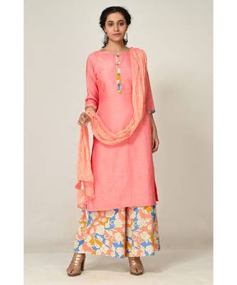 printed baby-pink pure silk cotton  Kurti    Palazzo Pant    Dupatta 3