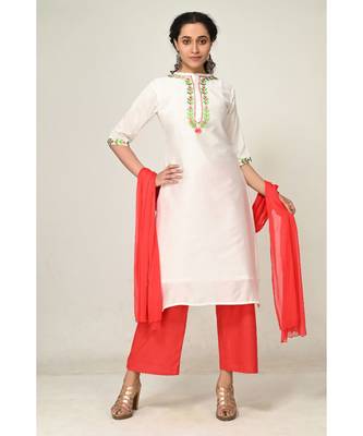 embroidered white chanderi  Kurti    Palazzo Pant    Dupatta 1