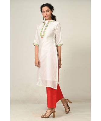 embroidered white chanderi  Kurti    Palazzo Pant    Dupatta 2