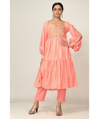embroidered pink pure silk cotton  Kurti    Pant 1