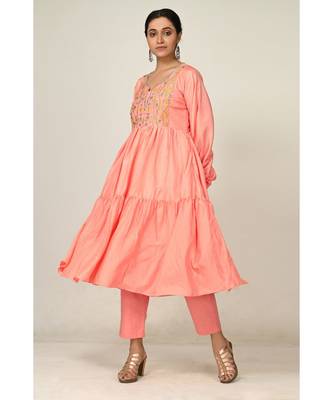 embroidered pink pure silk cotton  Kurti    Pant 2