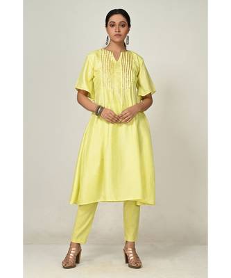 embroidered yellow pure silk cotton  Kurti    Pant 1