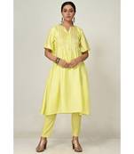 embroidered yellow pure silk cotton  Kurti    Pant