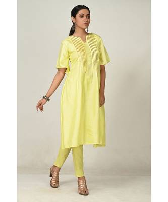 embroidered yellow pure silk cotton  Kurti    Pant 2