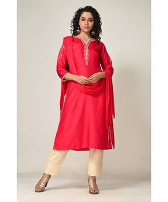 embroidered red pure silk cotton  Kurta     Straight Pant    Dupatta 1