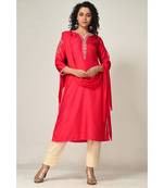 embroidered red pure silk cotton  Kurta     Straight Pant    Dupatta