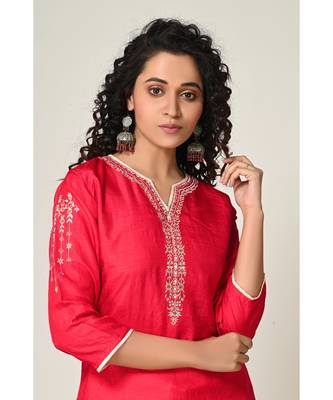 embroidered red pure silk cotton  Kurta     Straight Pant    Dupatta 4