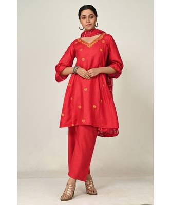 embroidered dark-red pure silk cotton  Kurta     Straight Pant    Dupatta 1