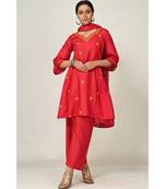 embroidered dark-red pure silk cotton  Kurta     Straight Pant    Dupatta