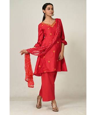 embroidered dark-red pure silk cotton  Kurta     Straight Pant    Dupatta 2