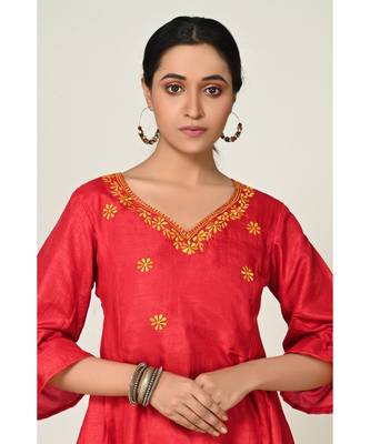 embroidered dark-red pure silk cotton  Kurta     Straight Pant    Dupatta 5
