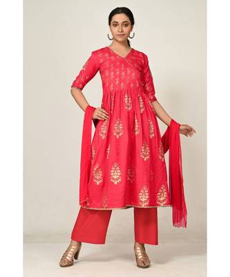 printed red pure silk cotton  Kurti    Palazzo Pant    Dupatta 1