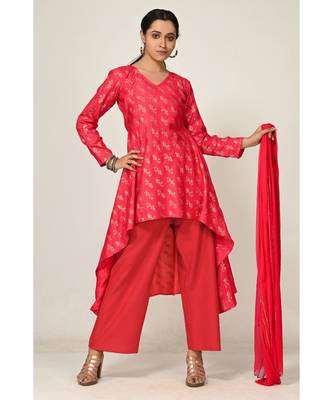 printed red pure silk cotton  Kurta     Straight Pant    Dupatta 1