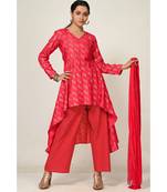 printed red pure silk cotton  Kurta     Straight Pant    Dupatta