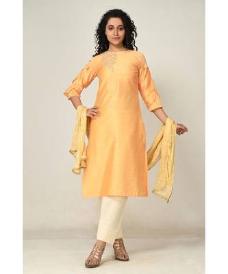embroidered yellow raw silk  Kurta Straight Pant    Dupatta 1