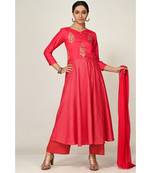 printed dark-red raw silk  Kurti    Palazzo Pant    Dupatta