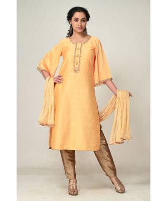hand embroidery yellow raw silk  Kurta     Straight Pant    Dupatta 1