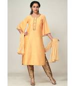 hand embroidery yellow raw silk  Kurta     Straight Pant    Dupatta