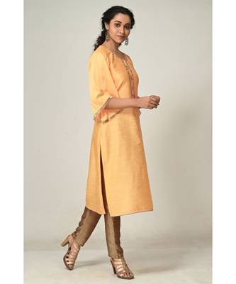 hand embroidery yellow raw silk  Kurta     Straight Pant    Dupatta 3