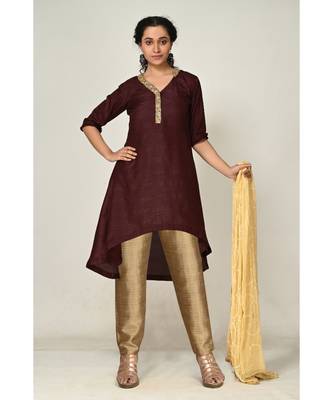 plain brown pure silk cotton  Kurti    Dhoti Pant    Dupatta 1