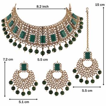 Traditional Gold Plated Kundan & Beads Choker Necklace Set with Maang Tiika for Women  5