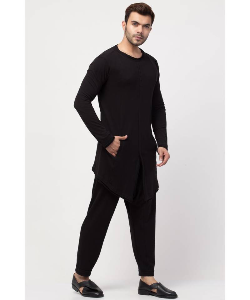 Round Neck front slit back up front down T Kurta with Harem Pant