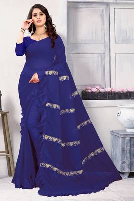 Royal blue embroidered georgette saree with blouse 3