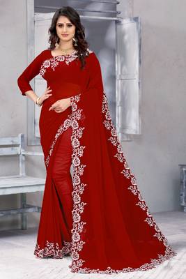 Maroon embroidered georgette saree with blouse 1