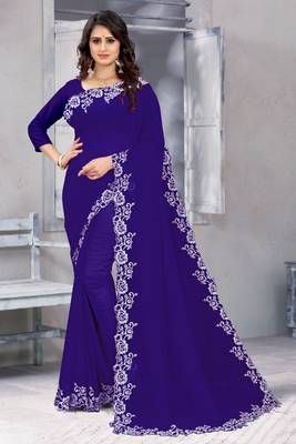 Royal blue embroidered georgette saree with blouse 1