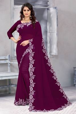 Purple embroidered georgette saree with blouse 3