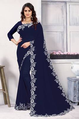 Blue embroidered georgette saree with blouse 3