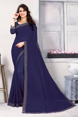 Blue embroidered georgette saree with blouse 2