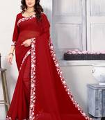 Maroon embroidered georgette saree with blouse