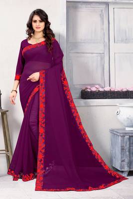 Purple embroidered georgette saree with blouse 1