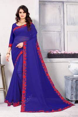 Royal blue embroidered georgette saree with blouse 3