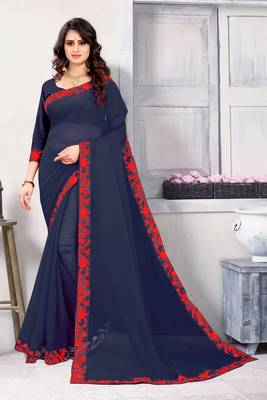Blue embroidered georgette saree with blouse 1