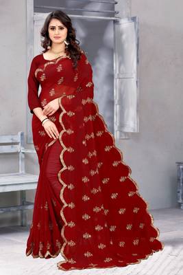 Maroon embroidered georgette saree with blouse 1
