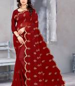 Maroon embroidered georgette saree with blouse