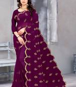 Purple embroidered georgette saree with blouse